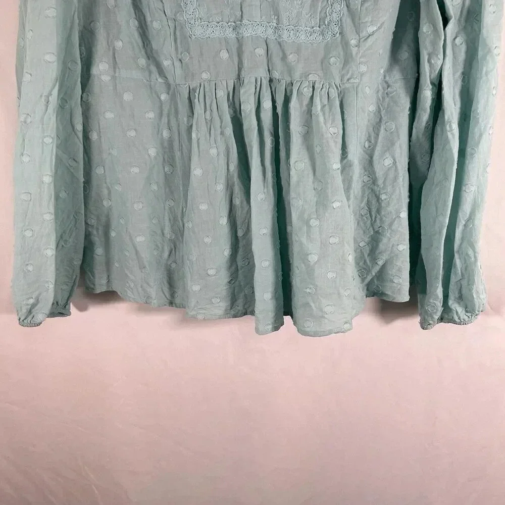 Torrid Blouse Women's 1 1X Blue Vneck Long Sleeve Frill Neckline 100% Cotton